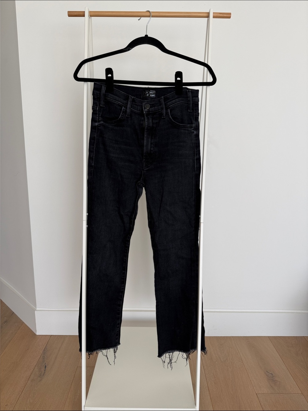 MOTHER Black Straight-Leg Jeans with Raw Hem